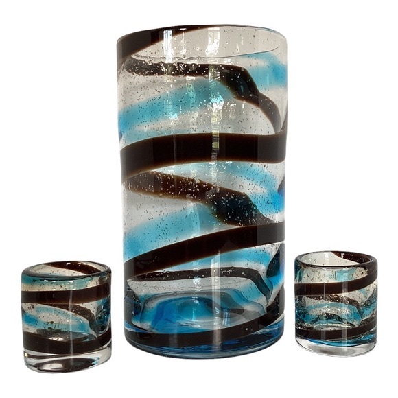 Hand Blown Glass Candle Holders Turquoise And Brown Glass Swirl Pattern Mexico - Picture 2 of 16